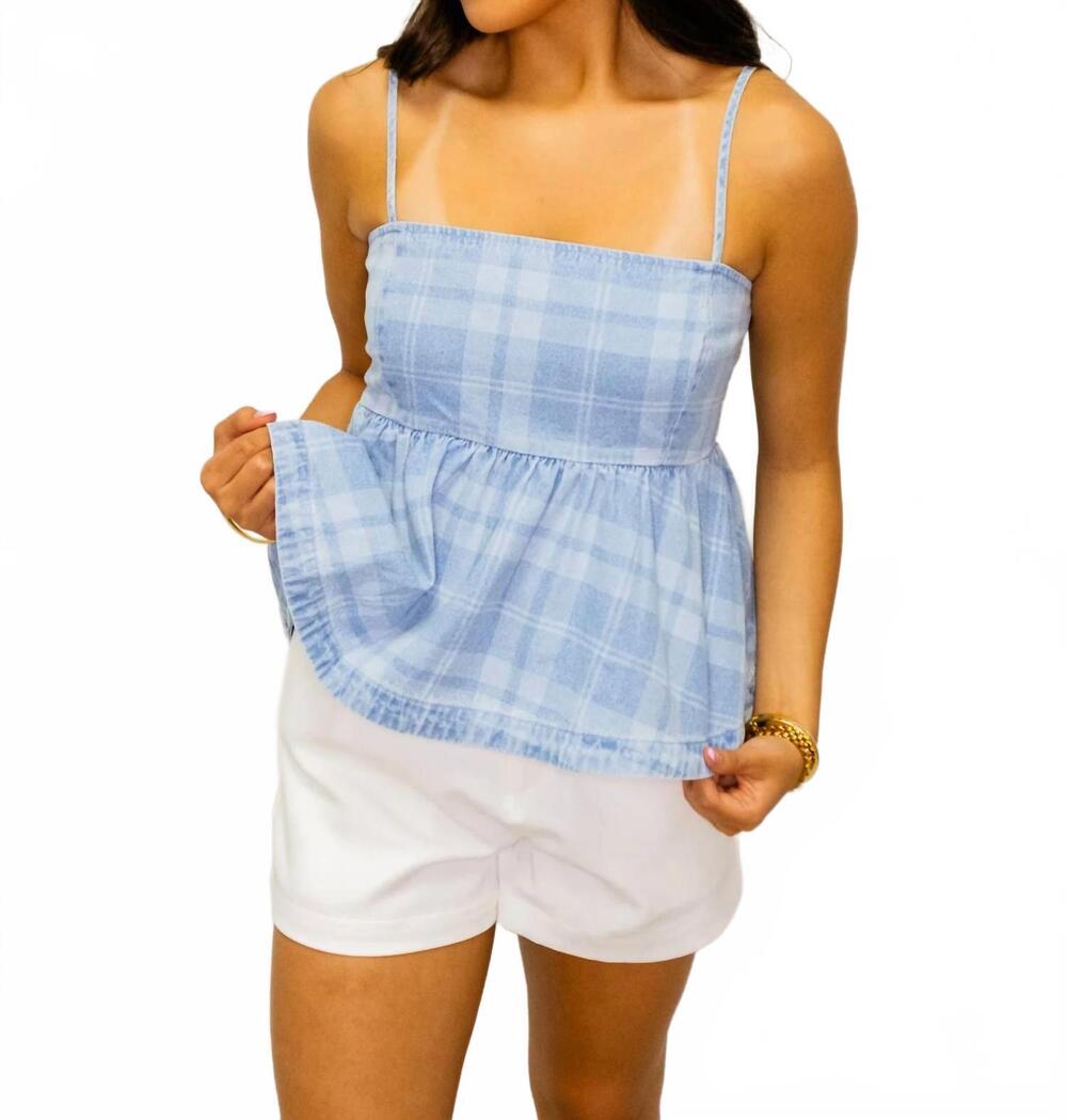NEW STITCH & CO. denim gingham peplum top in blue